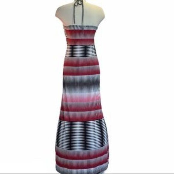 IMPRESS pink red black striped maxi dress Sz L - Picture 2 of 8